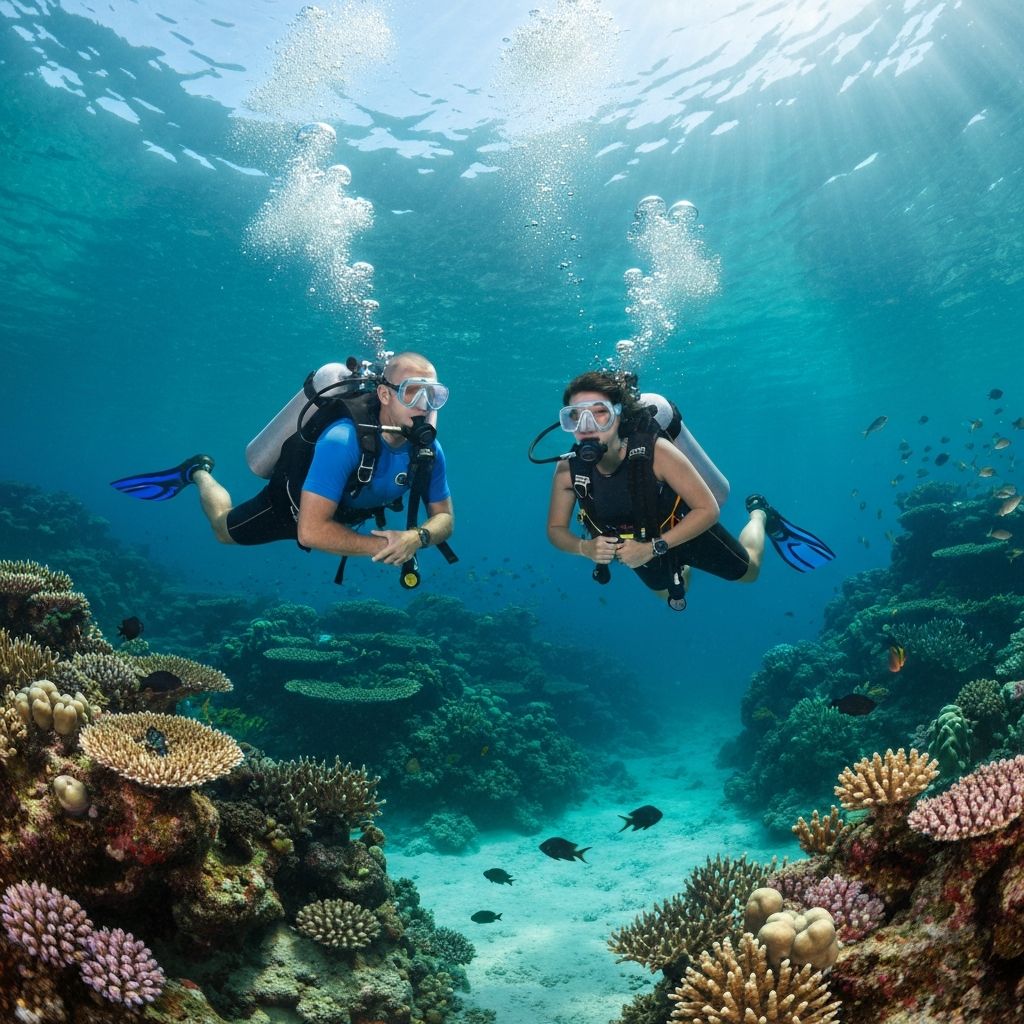 Two divers swimming over a colorful coral reef Two divers swimming over a colorful coral reef