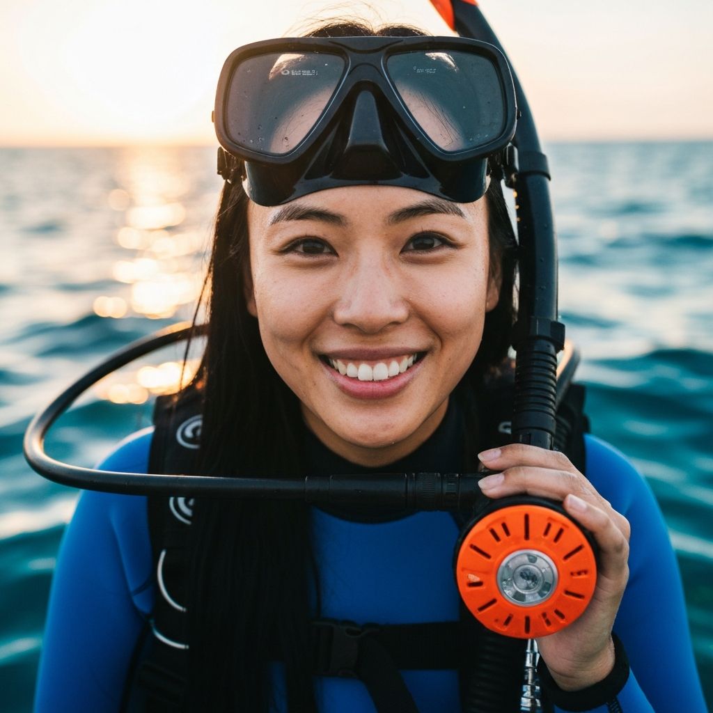 Smiling female diver at the surface after a dive Smiling female diver at the surface after a dive