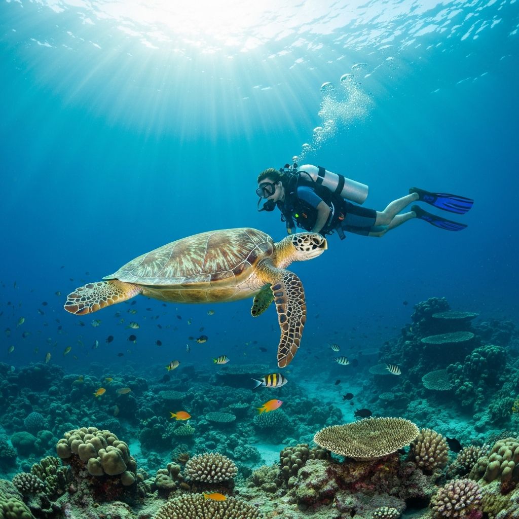 Diver swimming alongside a sea turtle over coral Diver swimming alongside a sea turtle over coral
