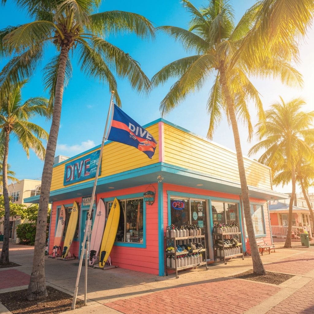 Tropical dive shop storefront with palm trees Tropical dive shop storefront with palm trees