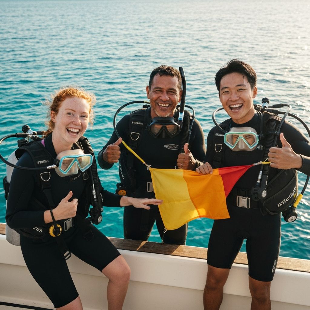Happy divers on a boat holding up a dive flag Happy divers on a boat holding up a dive flag