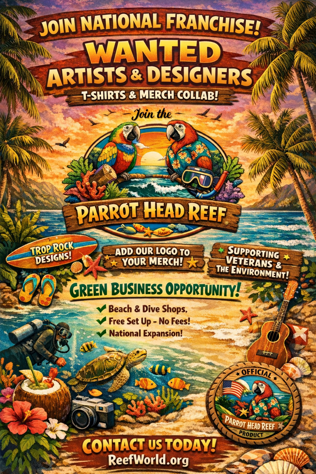 Parrot Head Reef Franchise Opportunity Join National Franchise - Parrot Head Reef Artists and Designers Wanted for T-Shirts and Merch Collaboration